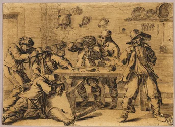 Tavernakohtaus, jossa miehet riehuvat