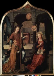 ""kuvaus julistuksesta Brysselin suojeluspyhimyksen Guillaumen kanssa"" Julistuksen triptyykin keskipaneeli (The Annunciation). Jean Bellegambe vanhemman (1470-1534) maalaus puulle Pietari, Eremitaaši