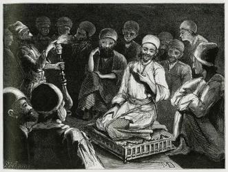 Persialainen tarinankertoja ympäröi yleisönsä. Matkustaja-kirjailijan kaiverrus havainnollistamaan tarinaa "" Persia, Kaldea ja Susiane""