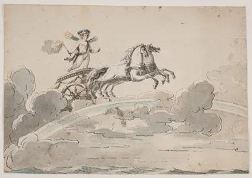 Cupid (Eros) ratsastaa vaunuissa sateenkaarella
