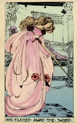 Fairy Morgane varastaa Excaliburin rakastajalleen käyttääkseen sitä kuningas Arthuria vastaan. Jessie Marion Kingin (1875-1949) kuvitus Sebastian Evansin (1830) kirjaan "Pyhän Graalin korkea historia, Perceval the Welsh, pyöreän pöydän ritari"