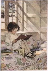 Tyttö lukee Robert Louis Stevensonin kirjaa A Child