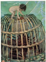 Tom ja hummeriruukku, kuvitus pastori Charles Kingsleyn teoksesta The Water Babies (värilitho)