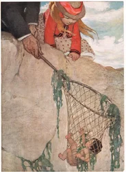 Tom sotkeutunut kalaverkkoon, kuvitus pastori Charles Kingsleyn teoksesta "The Water Babies" (värinen lito)