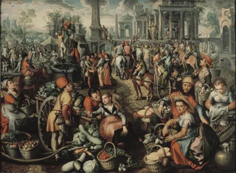 Scene de marche avec Ecce Home, la flagellation et le Christ portant sa Croix - Markkinakohtaus Ecce Homon kanssa, liputus ja ristin kantaminen, Beuckelaer, Joachim (noin 1533-1574). Öljy puulle