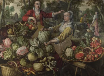 Neljä elementtiä: Maa. Hedelmä- ja vihannesmarkkinat lento Egyptiin taustalla - kirjoittanut Beuckelaer (Beuckelaer), Joachim (1533-1574) - 1569 National Gallery, Lontoo