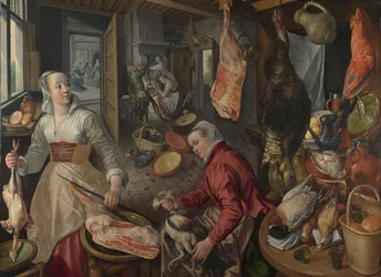 Neljä elementtiä: Tuli. Keittiökohtaus Kristuksen kanssa Martan ja Marian talossa taustalla - Beuckelaer (Beuckelaer), Joachim (1533-1574) - 1569 National Gallery, Lontoo