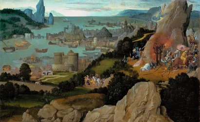 Varhainen alankomaalainen taide : Pyhän Katariinan marttyyrikuolema par Patinier, Joachim (n. 1480-1524), ennen vuotta 1515. Öljy puulle, 27,8x44,8. Taidehistoriallinen museo, Vienne