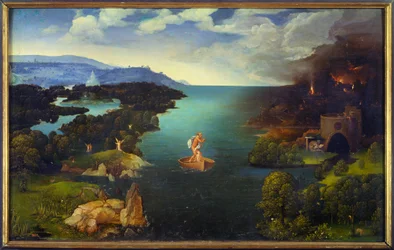 Styksin ylitys: Kharon (Caron) veneessään manalassa. Flanderin koulukunta. 0,64 x 1,03 m, Madrid, Museo del Prado