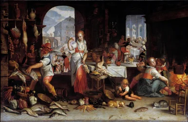 Nainen pyörittää kanaa keittiössä, joka on täynnä ruokaa. Joachim Wtewaelin (1556-1638) maalaus Sun. 0,63 x 1 m