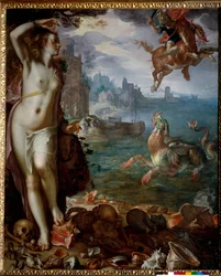 Perseus pelastaa Andromedan kiveen ketjutettuna Sankarit, kiipeävät Pegasen päälle, taistelevat merihirviötä vastaan. Joachim Wtewaelin (1566-1638) maalaus (Ec. Hol.) 1611 Su. 1,8x1,5 m