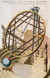 Tycho Brahen suunnittelema suuri päiväntasaajan armillaarinen pallo, kuva Le grand atlas ou Cosmographie blaviane (Atlas Maior), Joan Blaeu, kaiverrus, Alankomaat