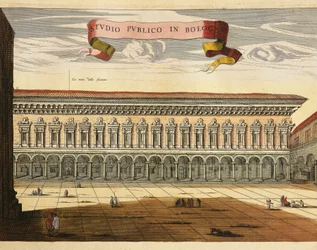 Italia, Bologna, Näkymä julkisesta työhuoneesta (Studio Pubblico) vuonna 1600, kaiverrus Theatrum Civitatum et Admirandorum Italiaesta Jean Blaeu, Amsterdam