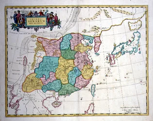Japani, Kiina ja Korea niemimaana, noin 1700 (värikaiverrus).