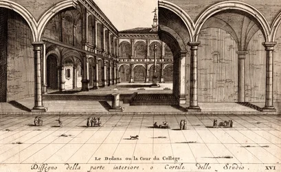 Archiginnasion palatsin sisäpiha, Bologna, Emilia-Romagna, Italia, kuparikaiverrus, n. 21x29 cm
