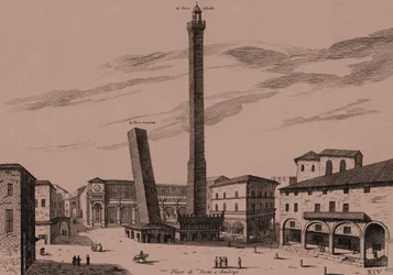 Kaksi tornia (Asinelli ja Garisenda), Bologna, Bologna, Emilia-Romagna, Italia, kuparikaiverrus, n. 21x29 cm