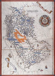 Arabian niemimaan kartta, jossa tuuliruusu ja yksityiskohdat satamista ja meren rannikoista, Atlas de Joan Martinesissa