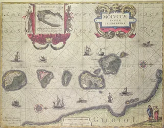 Kartta, jossa näkyvät Halmaheran edustalla sijaitsevat Molukkalaiset saaret, 1640.