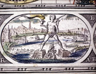 Esitys antiikin seitsemästä ihmeestä: Rodoksen kolossi. Amsterdamissa 1630 painettu Jansson Jannsoniuksen atlas. Yksityiskokoelma.