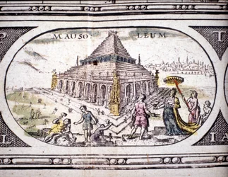 Esitys antiikin seitsemästä ihmeestä: Halikarnassoksen mausoleumi. Jansson Jannsoniuksen Atlas, painettu Amsterdamissa 1630. Yksityiskokoelma.