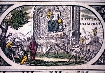 Esitys antiikin seitsemästä ihmeestä: Phidiaan Jupiterin (Zeuksen) patsas - Jansson Jannsoniuksen "Atlas", painettu Amsterdamissa vuonna 1630
