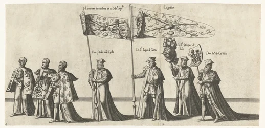 Deel van de optocht, nr. 3 in 4 Begrafenisoptocht van Keizer Karel V, 1558 (sarjan nimi) Upea ja ylellinen hautajaispumppu, joka esitettiin erittäin suuren ja erittäin voittajan keisari Charles Fifthin hautajaisissa ja hautajaisissa, joita juhlittiin Brun 
