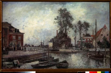 Kanavan laituri (A kanavan pengerrys). Johan Barthold Jongkindin (1819-1891) maalaus