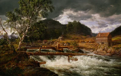 Norjalainen Bokmål:  Hellefossen ved Hokksund Hellefossen lähellä Hokksundia.