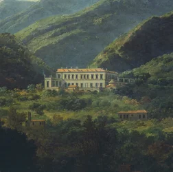 Quisisanan kuninkaallinen palatsi, lähellä Napolia, kirjoittanut Johan Christian Clausen Dahl (1788-1857), Italia