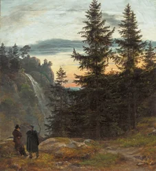 Kaksi miestä vesiputouksen edessä auringonlaskun aikaan