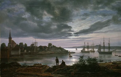""Vue de Larvik au clair de lune, Norja"" Peinture de Johan Christian Clausen Dahl (1788-1857) 1839 Oslo, Norjan kansallismuseo
