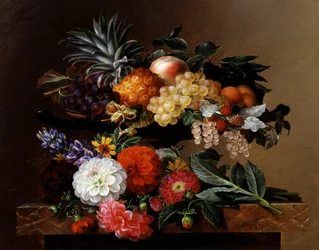 Dahliat, lupiini ja Coreopsis kreikkalaisessa Kylixissä. Johan Laurentz Jensenin (1800-1856) maalaus Yksityiskokoelma.