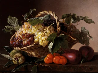 Munakoisojen, tomaattien, kastanjoiden ja viinirypäleiden asetelma. Johan Laurentz Jensenin (1800-1856) maalaus Yksityiskokoelma.
