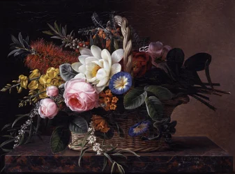 Asetelma kallistemoneista, liljoista, luudasta, ruusuista ja convulvuksesta. Johan Laurentz Jensenin (1800-1856) maalaus Yksityiskokoelma.