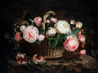 Ruusujen ja kuusenkerkän asetelma. Maalaus Johan Laurentz Jensen (1800-1856/Tanska) Collection privee.