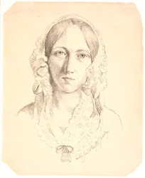 Nuoren naisen muotokuva, yksi kasvo. Edustaa mahdollisesti Louise Marie Neergaardia (1816-1895)