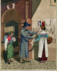 Suosittujen balladien ja painokirjoitusten kauppias, suutarin oppipoika, sarjasta Viennese Types noin 1810 ...