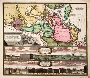 Tarkka kartta Ruotsin kuninkaallisen pääkaupungin ja Tukholman ympärillä olevasta alueesta, noin 1740 (värillinen kaiverrus).