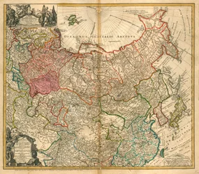 Venäjän kartta (Lähettäjä: Imperii Russici et Tartariae universae so majoris et Asiaticae qua miniris et Europaeae tabula) - Homann, Johann Baptist (1663-1724) - 1738 - Kuparikaiverrus, akvarelli - Yksityiskokoelma
