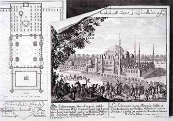 Suunnitelma ja näkymä Süleymaniye-moskeijasta Istanbulissa, "Historiallisen arkkitehtuurin suunnittelu", kaiverrettu Johann Adam Delsenbach