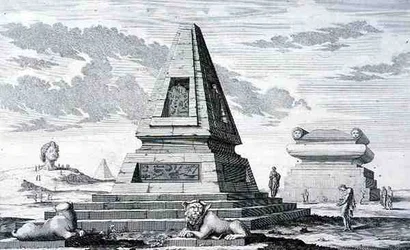Pyramidit, jotka merkitsevät Egyptin kuningas Sotisin hautaa, löydetty Heliopoliksen raunioista. julkaisusta "Entwurf einer historischen Architektur"