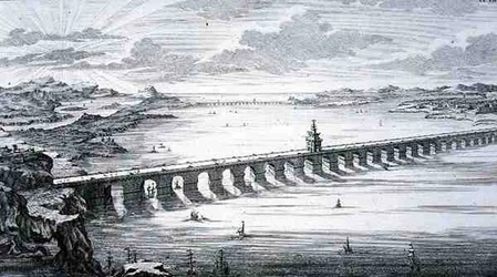 Suuri kiinalainen silta, Focheun ja Nantain välillä Kiinassa, "Historiallisen arkkitehtuurin suunnitelmasta", kaivertanut Johann Adam Delsenbach (1687-1765) 1721 (kaiverrus)