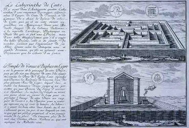 Labyrintti Kreetalla ja Venuksen temppeli Paphosella Kyproksella, kumpikin on otettu Entwurf einer historischen Architekturin muinaisen roomalaisen kolikon kuvista.