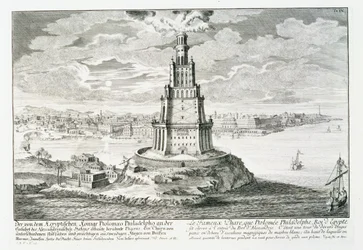 Aleksandrian Pharos, levy 9 teoksesta "Design of an Historical Architecture", kaiverrus Johann Adam Delsenbach (1687-1765) 1721 (kaiverrus)