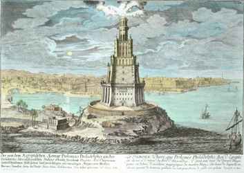 Majakka Aleksandriassa, jonka rakensi Ptolemaios Suuri (36-30 eKr.), Egypti, Entwurf einer historischen Architekturista, kaiverrus Johann Adam Delsenbach (1687-1765) 1721 (myöhempi väri
