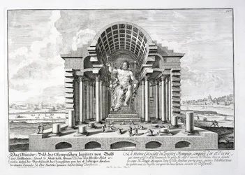 Phidiaksen Olympolaisen Zeuksen patsas, levy 5 teoksesta "Historiallisen arkkitehtuurin suunnittelu", kaiverrus Johann Adam Delsenbach (1687-1765) 1721