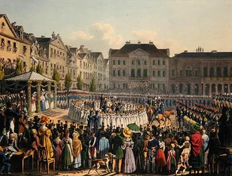 Kasselin kansalaiskaartin lipun pyhitysseremonia vuonna 1831 (värinen lito)