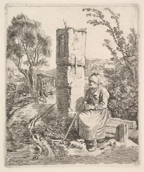 Vanha rouva istumassa lähellä pylvästä tien reunassa, 1819.