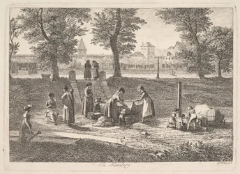 Ulkoilmakuva naisista kotielämässä Nürnbergissä, 1800-luku.