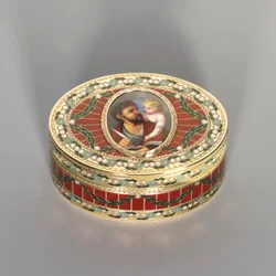 Nuuskalaatikko, Dresden, n. 1775–1780, miniatyyri Geneve, n. 1800 (Saksin kovakivi, kulta ja emali)